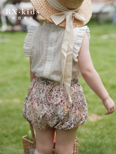 法式田园小飞袖设计白点衬衫，女童背心碎花花苞，裤洋气套装女宝宝夏