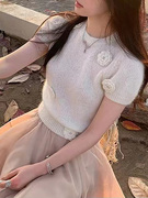马海毛春夏时尚短袖2024韩系圆领，弹力针织立体花朵，体恤衫百搭