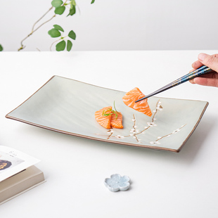 小鹿田烧日本进口长方盘蓝梅陶瓷家用点心盘子日式鱼盘刺身盘餐具