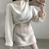 韩国chic春季优雅气质圆领褶皱感宽松休闲百搭长袖纯色衬衫上衣女