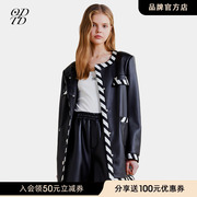 odtd2023秋季女士小众设计款黑白条纹织带拼接中长款皮外套