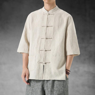 唐装男款中国风男装亚麻，衬衫外套七分袖，盘扣衬衣中式棉麻料上衣夏