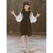 韩国女童连衣裙2024夏季韩版洋气中大童五分袖裙子儿童百褶公主裙