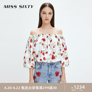 Miss Sixty2023秋季衬衫女印花露肩一字领性感度假风甜辣宽松