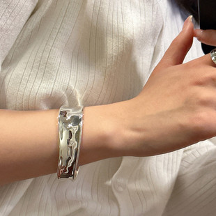 s925纯银ins小众设计光面银，手镯女生韩国时尚，个性基础款镯子高级