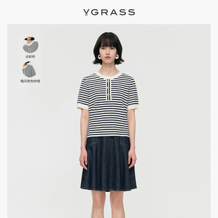 VGRASS时髦点彩纱黑白条纹针织衫女秋季短袖针织衫VZZ3O30980