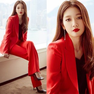 大红色西装套装女韩版时尚气质，女神范职业(范职业，)正装ol西服显瘦两件套潮