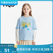 MQD童装女童2023春季假两件条纹T恤儿童宽松卡通长袖体恤