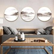 酒店装饰画中国风水墨山水画客厅沙发背景墙壁画三联组合圆形挂画