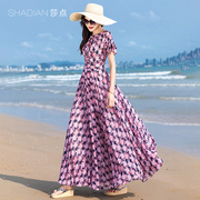 莎点飘逸连衣裙夏季长款雪纺，大摆裙波西米亚，沙滩裙荷叶袖粉紫长裙
