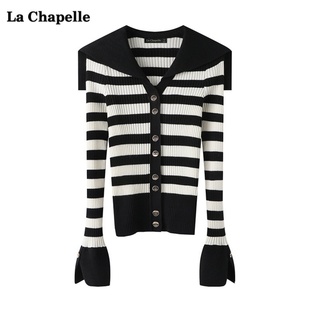 拉夏贝尔/La Chapelle秋季气质时尚条纹针织衫女黑色针织套头上衣