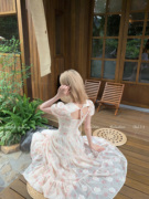 Acaine霍莉花园 收腰又甜又辣裙子浪漫粉玫瑰方领镂空连衣裙