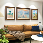 美式复古装饰画客厅沙发背景墙壁画风景画日出莫奈三联画欧式油画