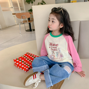 女童t恤长袖2024春装儿童，韩版字母体恤中小童洋气圆领打底衫