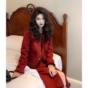 欧洲站女装2023新年战袍法式高级感红色洋装子两件式套装秋冬