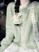 奶绿色花边设计感针织，毛衣开衫女春季文艺，复古慵懒风宽松外套上衣