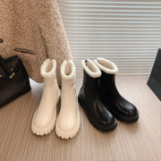 女士米色软羊皮白色，鞋子2023女秋冬短靴，厚底加绒小个子