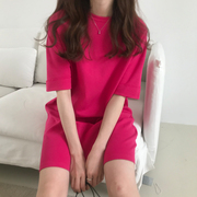 韩国夏季宽松玫红色短袖，t恤胖mm中长款显瘦简约纯棉懒人连衣裙女