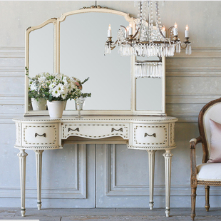 美式象牙白复古做旧梳妆台欧式彩绘描金弧形化妆桌实木雕花小书桌