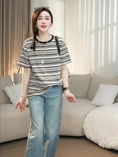 拼色条纹中长款圆领短袖T恤女韩版2024夏季休闲减龄宽松上衣