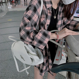 烫钻黑粉格子衬衫外套，女2024夏季韩版宽松慵懒风，衬衣防晒长袖上衣