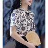 新中式黑白印花立领短袖衬衫，女2024夏季镂空盘扣设计旗袍上衣