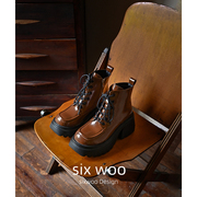 SIXWOO复古圆头机车靴真皮焦糖棕系带马丁靴厚度粗跟短靴增高靴
