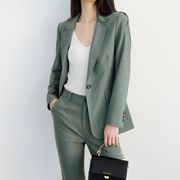 日系风2022春季女装豌豆绿干练气质小西装修身中长款外套西服