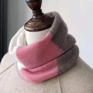 冬季加厚韩版三色拼接高档羊绒，围巾百搭脖套女套头护颈保暖围脖