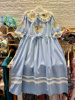 蓝色长裙高档精细棉布，连衣裙长款夏季短袖蕾丝花边翻领刺绣宽松