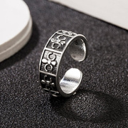 戒指纯银复古个性男女指环s925泰银925做旧情侣款饰品开口转动戒