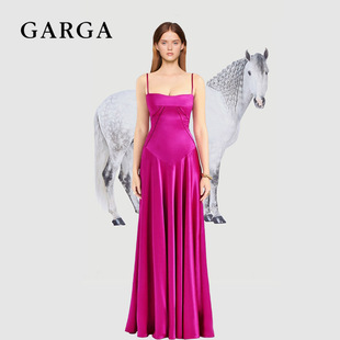 GARGA法式高级感玫红色收腰鱼骨吊带连衣裙女气质名媛长款晚礼服