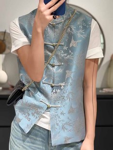 新中式国风盘扣背心外穿秋季小香风蓝色印花马甲女洋气时髦