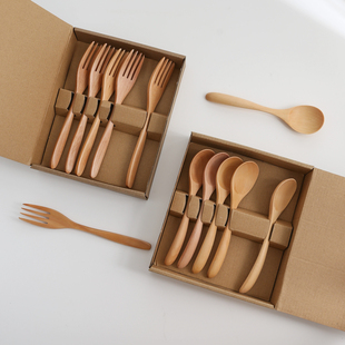 日式荷木勺叉餐具套装5只装10只装家用汤勺实木叉子木勺子饭勺