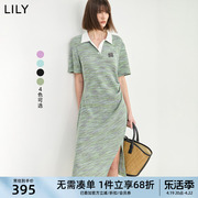 LILY2024夏美式通勤设计感收腰薄荷曼波收腰POLO领T恤连衣裙