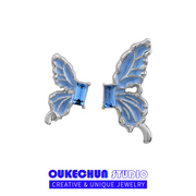oukechun超仙蓝色蝴蝶耳钉女小众，设计轻奢不对称耳饰网红百搭耳环