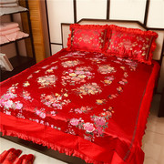 大红色玫瑰花四件套婚庆柔软花卉被套，提花丝绸缎，大红色结婚棉床单