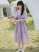 茶歇法式紫色连衣裙春装女2024年高级感显瘦仙女超仙森系长裙