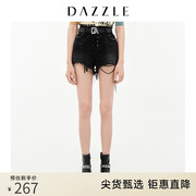 DAZZLE地素奥莱 春季黑色绑带毛边破洞牛仔短裤女