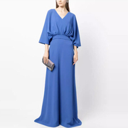 法式优雅2023年高级感礼服长裙V领收腰蓝色蝙蝠袖连衣裙显瘦