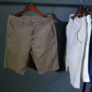 透气亚麻短裤男复古风沙滩裤，宽松休闲裤子直筒外穿白色五分裤夏季