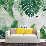 北欧绿色植物墙纸热带雨林，壁纸餐厅电视背景墙布，手绘芭蕉树叶壁画
