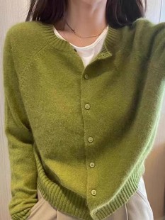秋冬100%纯羊毛开衫女圆领，针织毛衣外套，气质牛油果绿色羊毛衫