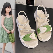 女童绿色时装凉鞋2024夏季小女孩公主鞋儿童鞋子露趾沙滩鞋一脚蹬