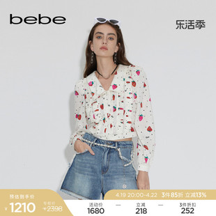 bebe春夏系列女士短款草莓印花翻领长袖桑蚕丝雪纺衫180101
