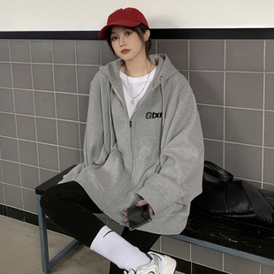 美式复古oversize卫衣女秋冬大码加绒连帽开衫外套显瘦宽松上衣女