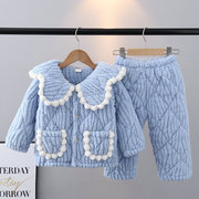 冬季女童法兰绒三层加厚夹棉睡衣套装，女宝中大童珊瑚绒亲子家居服