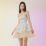 bloomin2023原创初，秋露背吊带连衣裙，氛围感蕾丝芭蕾裙蓬蓬裙