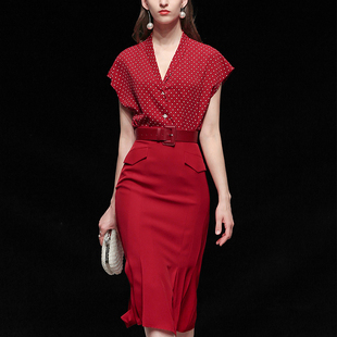 夏装2024女装红色气质，两件套波点上衣衬衫包臀裙裙子套装