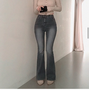 ㊣韩国24春chic女人味水洗磨白微喇叭，弹力显瘦牛仔裤